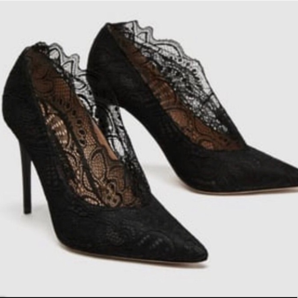 Zara Black Lace Pointed-Toe Stiletto Heels